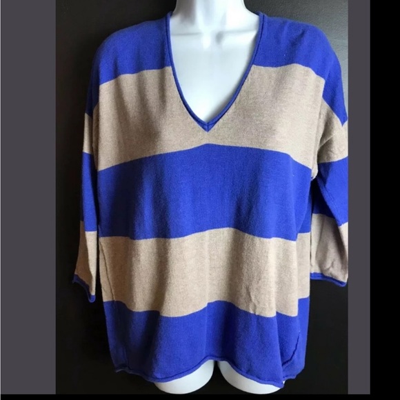 J.Crew WALLACE Winter Break Sweater Striped V-neck Knit Periwinkle Blue Tan - Picture 10 of 10